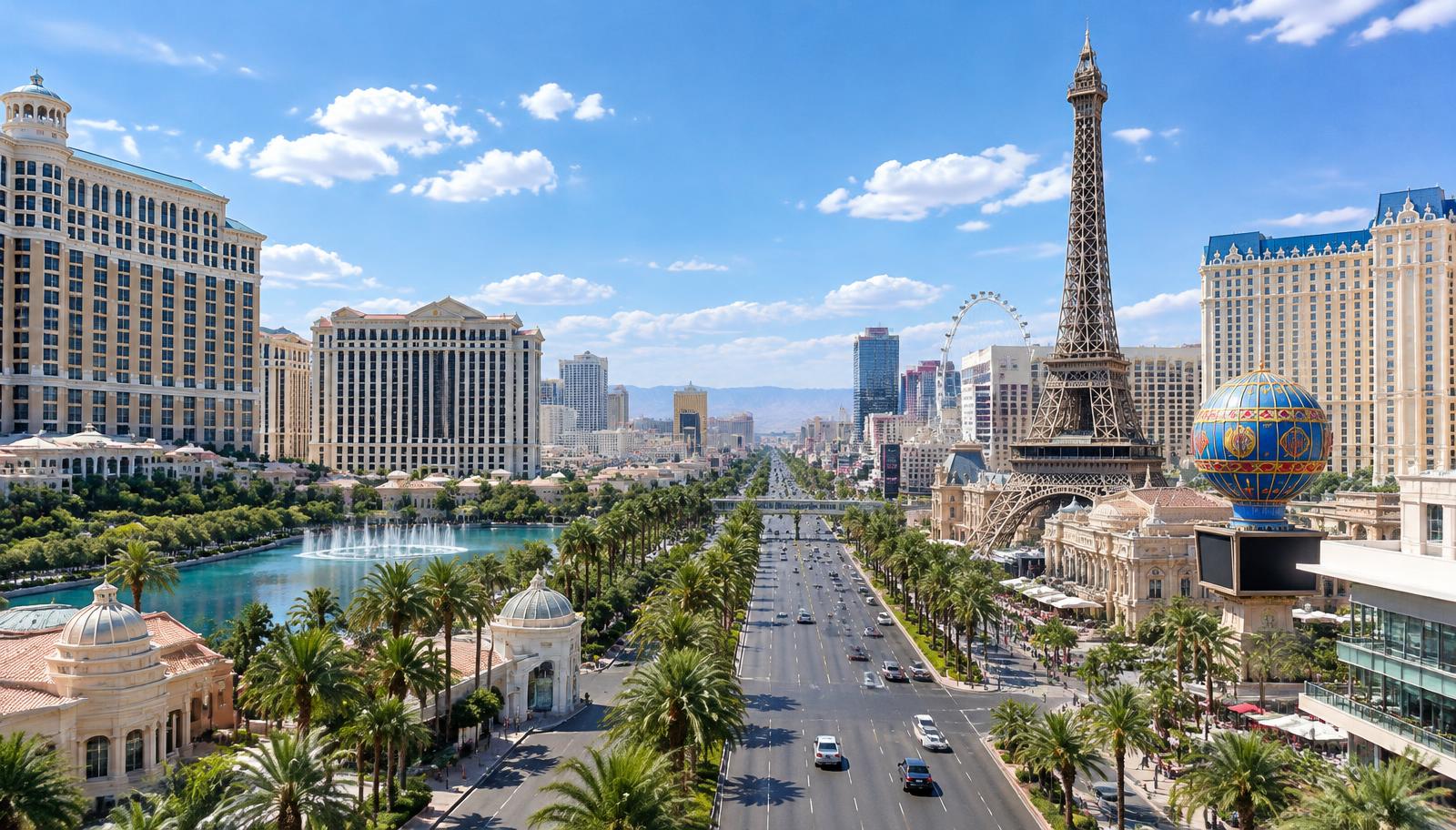 A Las Vegas boulevard lined with hotel towers on a bright day